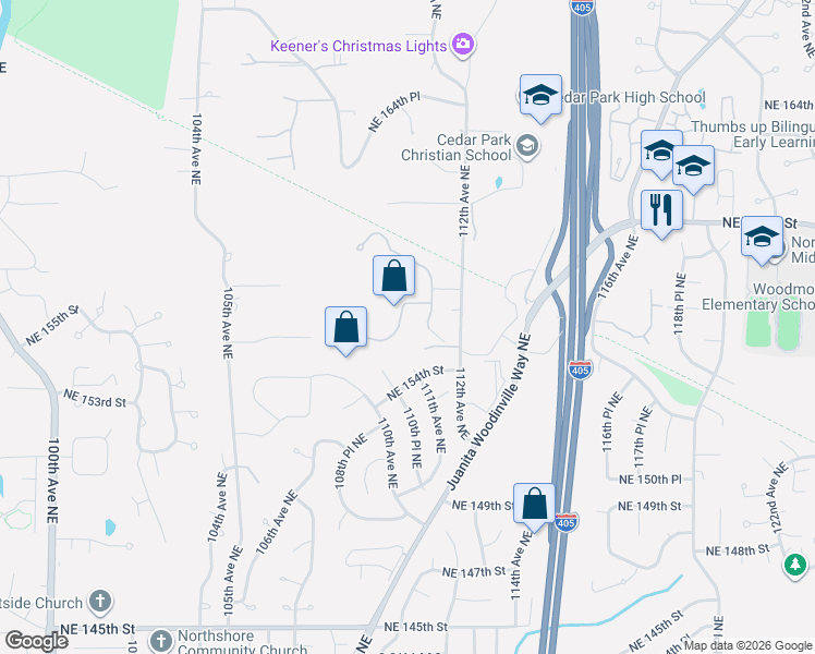map of restaurants, bars, coffee shops, grocery stores, and more near 10907 Northeast 157th Street in Bothell