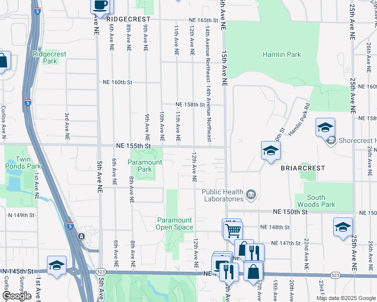 map of restaurants, bars, coffee shops, grocery stores, and more near 15251 12th Avenue Northeast in Shoreline