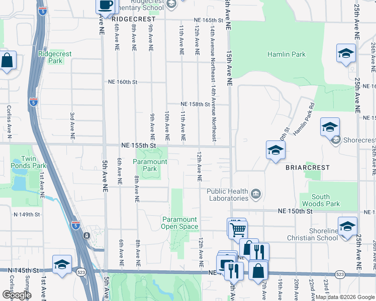 map of restaurants, bars, coffee shops, grocery stores, and more near 15251 12th Avenue Northeast in Shoreline