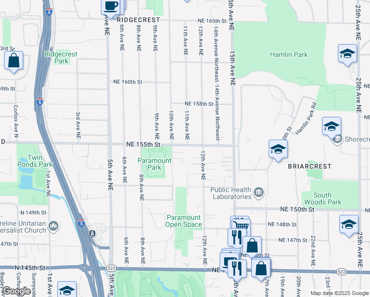 map of restaurants, bars, coffee shops, grocery stores, and more near 1025 Northeast 155th Street in Shoreline