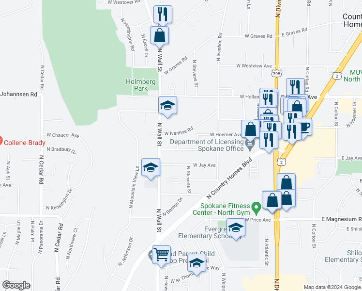 map of restaurants, bars, coffee shops, grocery stores, and more near 9302 North Howard Street in Spokane