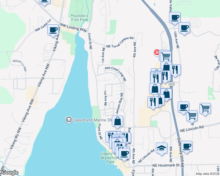 map of restaurants, bars, coffee shops, grocery stores, and more near 19627 2nd Avenue Northeast in Poulsbo