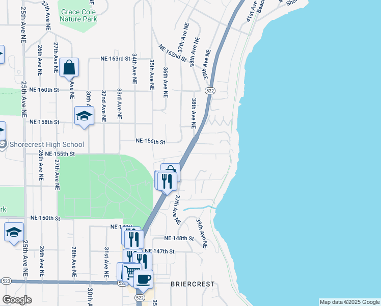 map of restaurants, bars, coffee shops, grocery stores, and more near 3801 Northeast 155th Street in Lake Forest Park