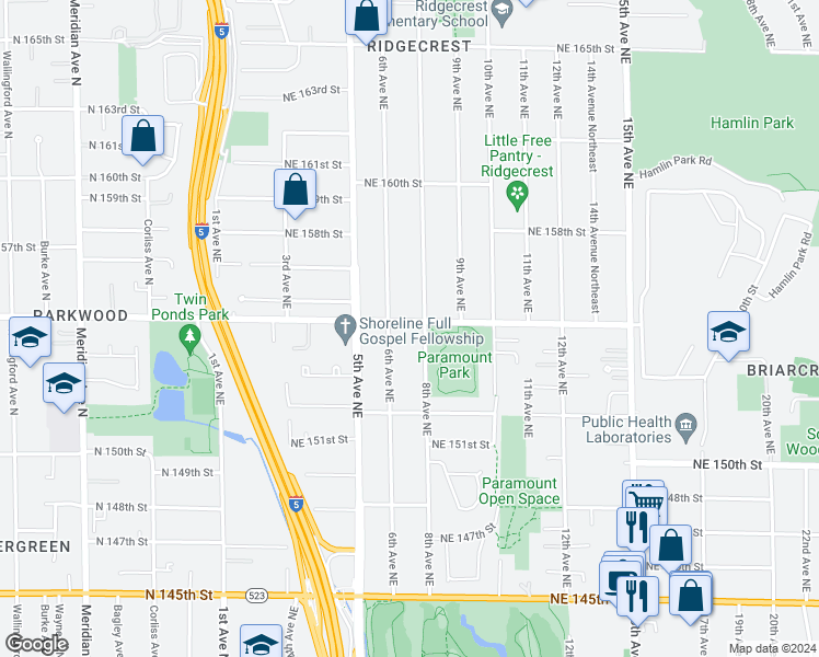 map of restaurants, bars, coffee shops, grocery stores, and more near 15258 6th Avenue Northeast in Shoreline