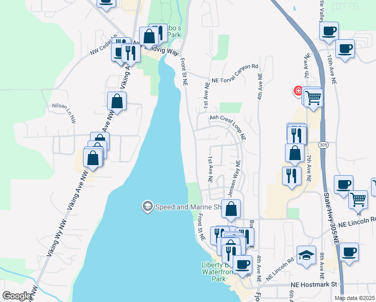 map of restaurants, bars, coffee shops, grocery stores, and more near 19589 Front Street Northeast in Poulsbo