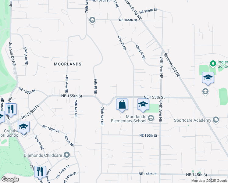 map of restaurants, bars, coffee shops, grocery stores, and more near 7907 Northeast 155th Street in Kenmore