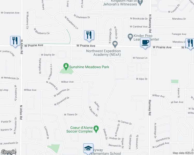 map of restaurants, bars, coffee shops, grocery stores, and more near 2491 West Timberlake Loop in Coeur d'Alene