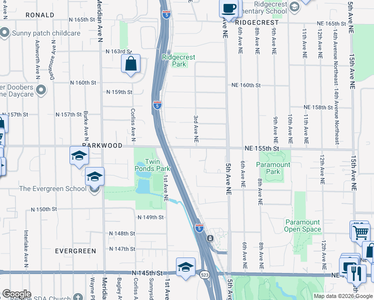 map of restaurants, bars, coffee shops, grocery stores, and more near 15408 2nd Avenue Northeast in Shoreline