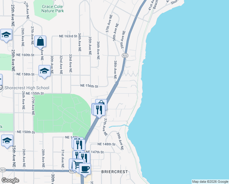 map of restaurants, bars, coffee shops, grocery stores, and more near 3801 Northeast 155th Street in Lake Forest Park