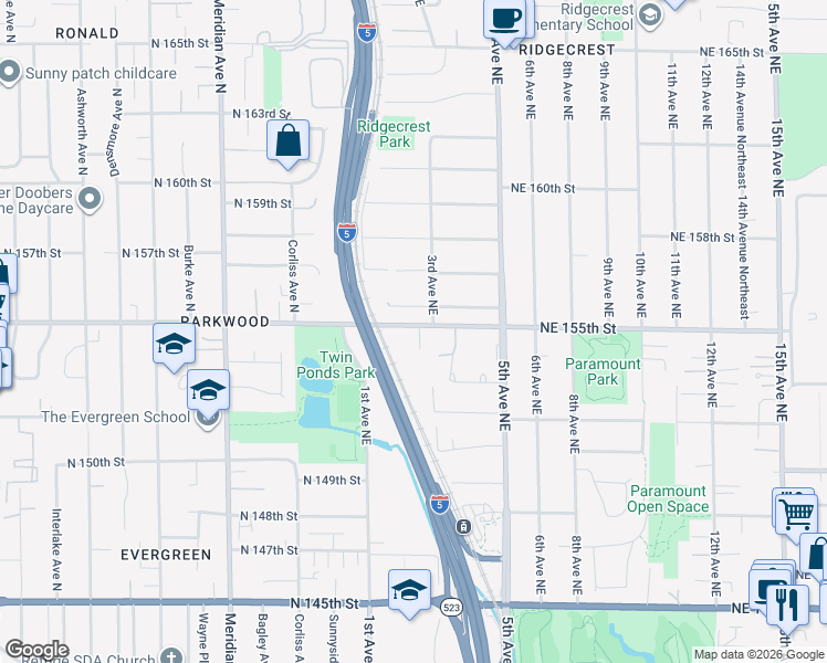 map of restaurants, bars, coffee shops, grocery stores, and more near 15408 2nd Avenue Northeast in Shoreline