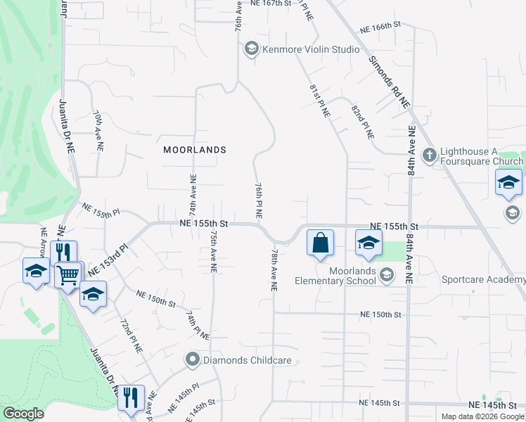map of restaurants, bars, coffee shops, grocery stores, and more near 15518 76th Place Northeast in Kenmore