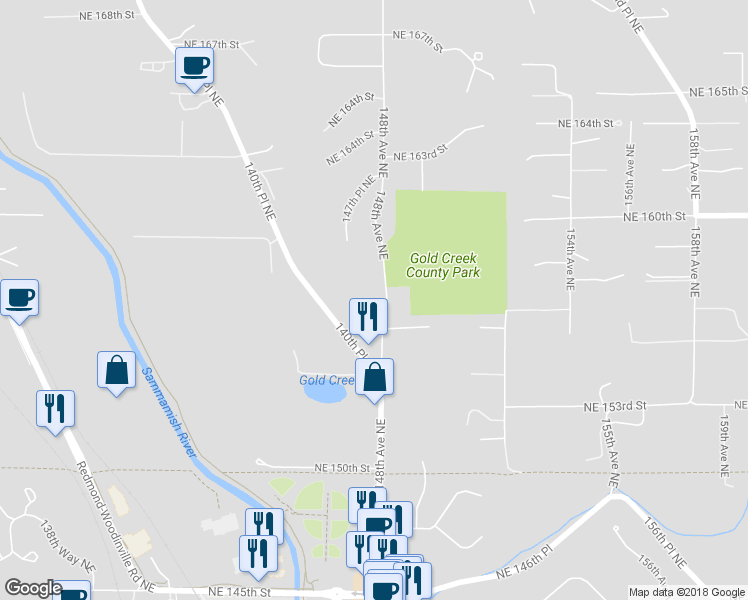 map of restaurants, bars, coffee shops, grocery stores, and more near 15535 148th Avenue Northeast in Woodinville