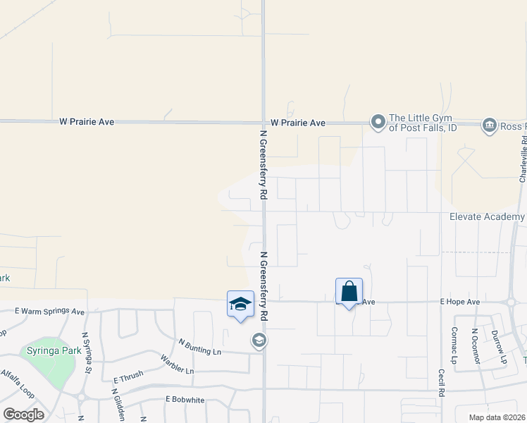 map of restaurants, bars, coffee shops, grocery stores, and more near 2601 Killdeer Avenue in Post Falls