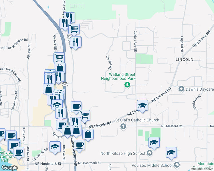 map of restaurants, bars, coffee shops, grocery stores, and more near 19662 12th Avenue Northeast in Poulsbo