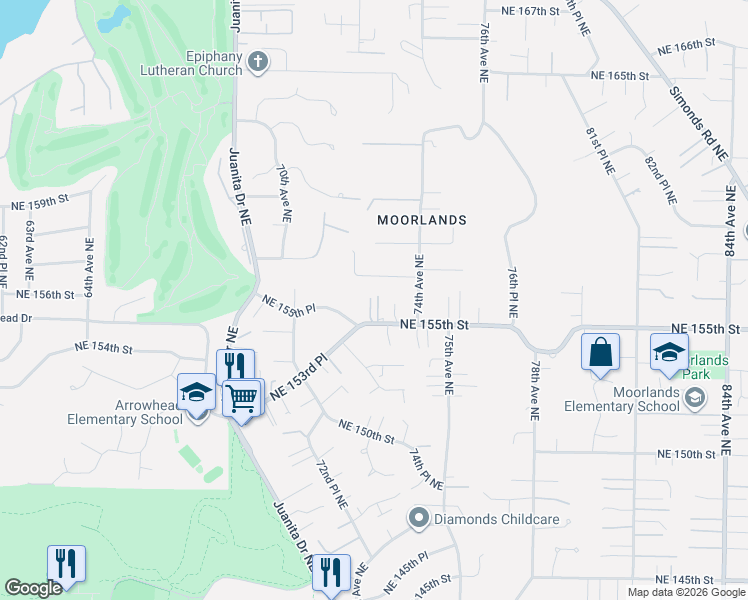 map of restaurants, bars, coffee shops, grocery stores, and more near 7221 Northeast 156th Street in Kenmore