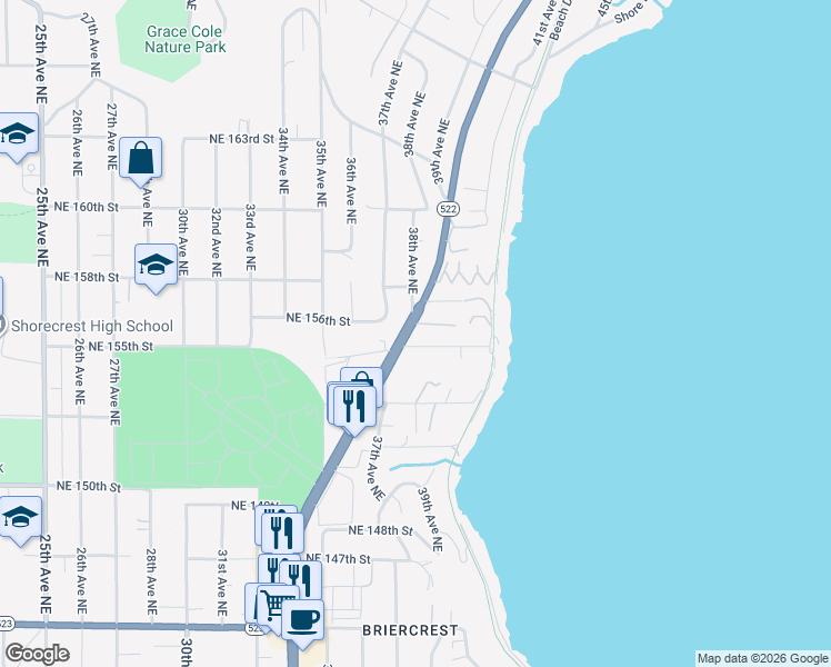 map of restaurants, bars, coffee shops, grocery stores, and more near 15530 Bothell Way Northeast in Lake Forest Park