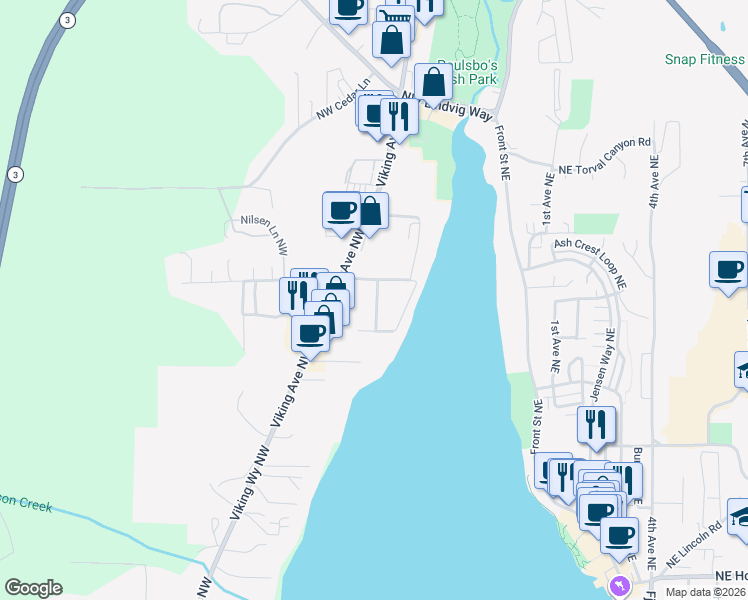 map of restaurants, bars, coffee shops, grocery stores, and more near 537 Northwest Liberty Road in Poulsbo