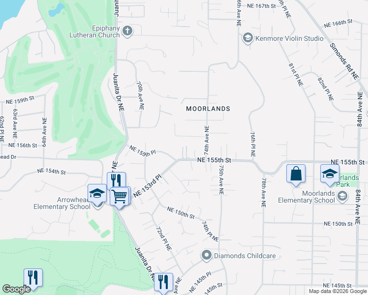 map of restaurants, bars, coffee shops, grocery stores, and more near 7214 Northeast 155th Street in Kenmore