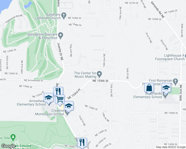 map of restaurants, bars, coffee shops, grocery stores, and more near 7214 Northeast 155th Street in Kenmore