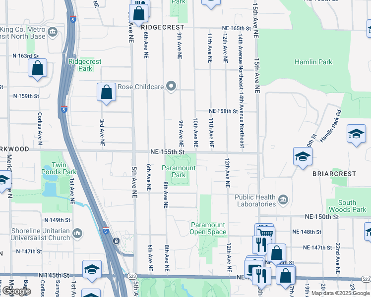 map of restaurants, bars, coffee shops, grocery stores, and more near 15502 9th Avenue Northeast in Shoreline