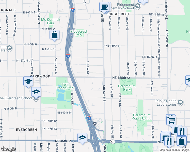 map of restaurants, bars, coffee shops, grocery stores, and more near 402 Northeast 156th Street in Shoreline
