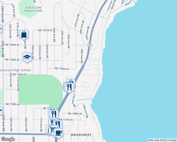 map of restaurants, bars, coffee shops, grocery stores, and more near 3825 Northeast 155th Place in Lake Forest Park