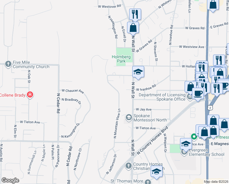map of restaurants, bars, coffee shops, grocery stores, and more near 9227 North Mountain View Lane in Spokane