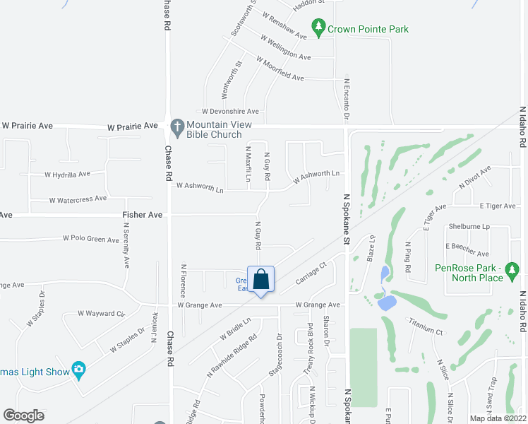 map of restaurants, bars, coffee shops, grocery stores, and more near 3610 North Guy Road in Post Falls