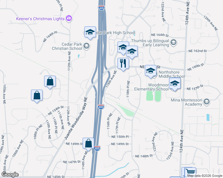 map of restaurants, bars, coffee shops, grocery stores, and more near 15700 116th Avenue Northeast in Bothell