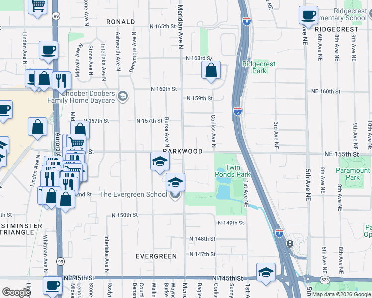 map of restaurants, bars, coffee shops, grocery stores, and more near in Shoreline