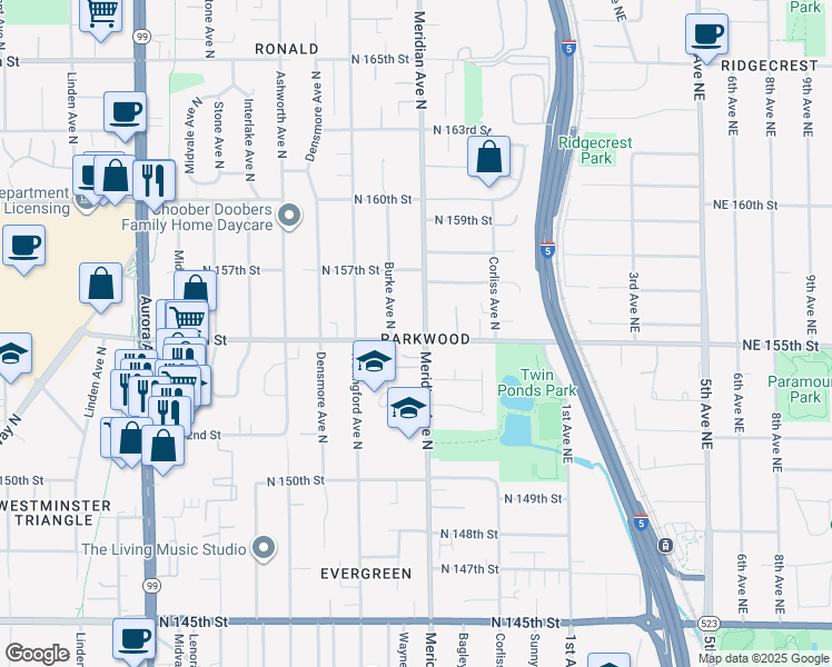 map of restaurants, bars, coffee shops, grocery stores, and more near 15514 Burke Avenue North in Shoreline