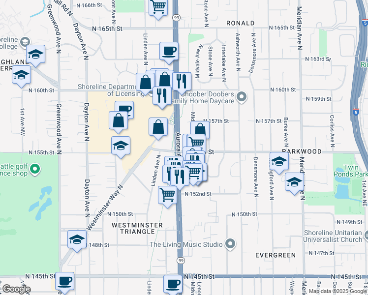 map of restaurants, bars, coffee shops, grocery stores, and more near 15500 Aurora Avenue North in Shoreline