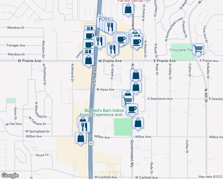 map of restaurants, bars, coffee shops, grocery stores, and more near 200 West Aqua Avenue in Coeur d'Alene