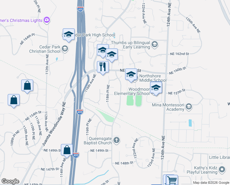 map of restaurants, bars, coffee shops, grocery stores, and more near 11811 Northeast 158th Street in Bothell
