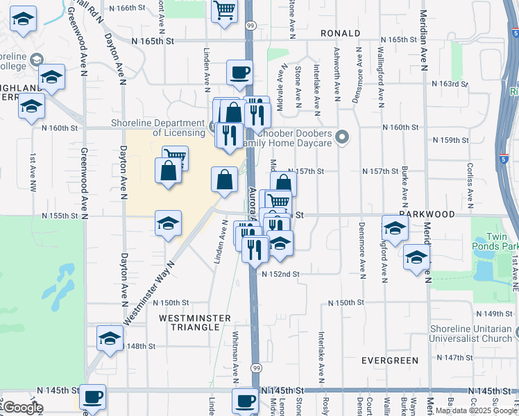 map of restaurants, bars, coffee shops, grocery stores, and more near 15500 Aurora Avenue North in Shoreline