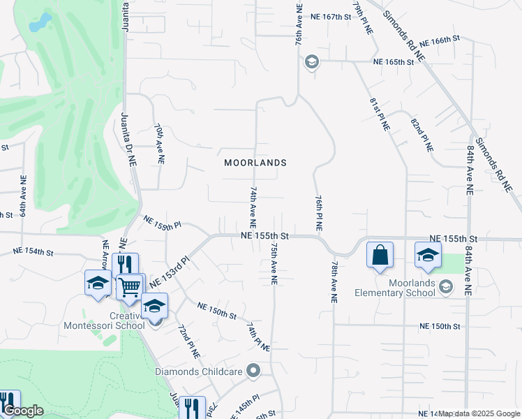 map of restaurants, bars, coffee shops, grocery stores, and more near 7431 Northeast 156th Street in Kenmore