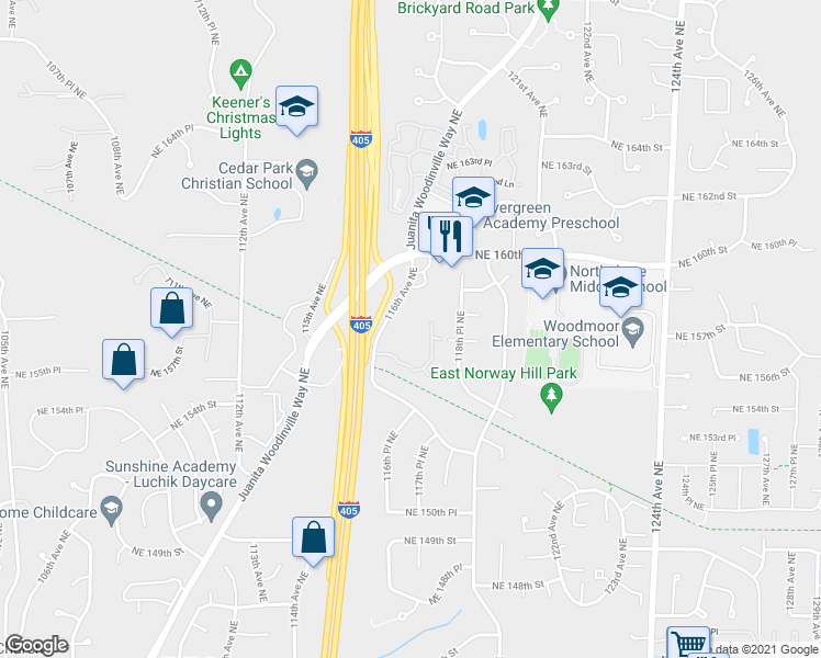 map of restaurants, bars, coffee shops, grocery stores, and more near 15700 116th Avenue Northeast in Bothell