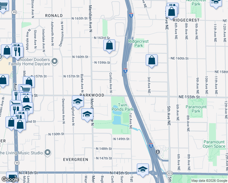 map of restaurants, bars, coffee shops, grocery stores, and more near 15516 Corliss Avenue North in Shoreline