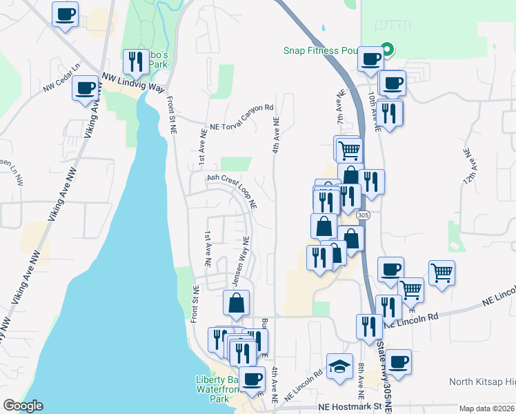 map of restaurants, bars, coffee shops, grocery stores, and more near 19702 Ash Crest Loop Northeast in Poulsbo