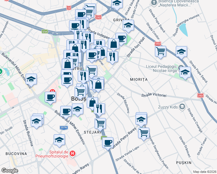 map of restaurants, bars, coffee shops, grocery stores, and more near in Botoșani