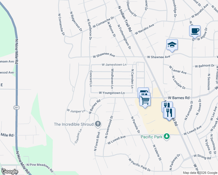 map of restaurants, bars, coffee shops, grocery stores, and more near 5707 West Yorktown Lane in Spokane
