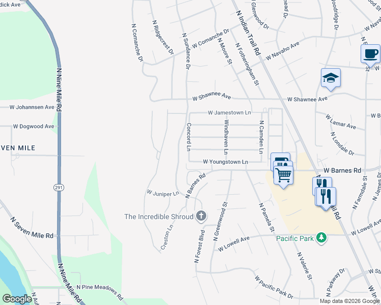 map of restaurants, bars, coffee shops, grocery stores, and more near 5715 West Yorktown Lane in Spokane