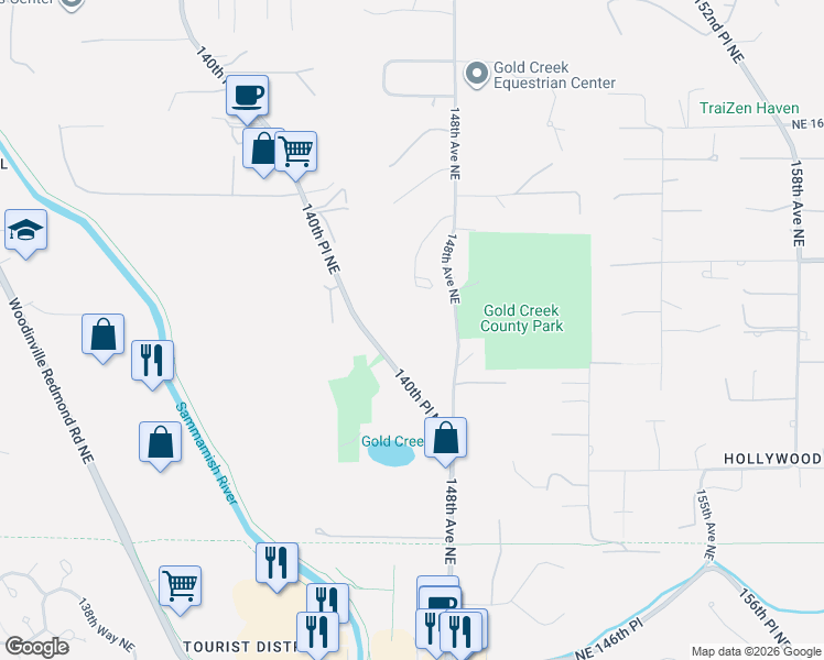 map of restaurants, bars, coffee shops, grocery stores, and more near 15535 148th Avenue Northeast in Woodinville