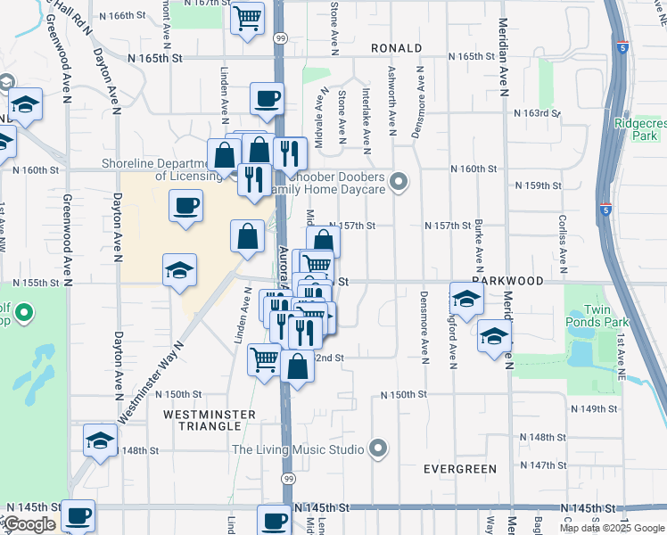 map of restaurants, bars, coffee shops, grocery stores, and more near 15515 Stone Avenue North in Shoreline