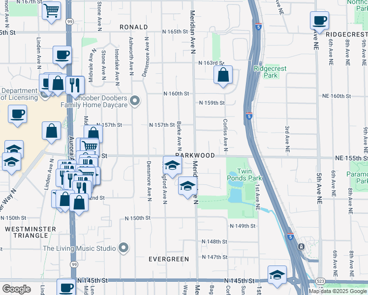map of restaurants, bars, coffee shops, grocery stores, and more near 15514 Burke Avenue North in Shoreline