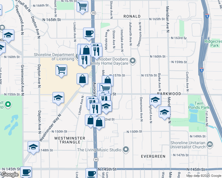 map of restaurants, bars, coffee shops, grocery stores, and more near 15515 Stone Avenue North in Shoreline