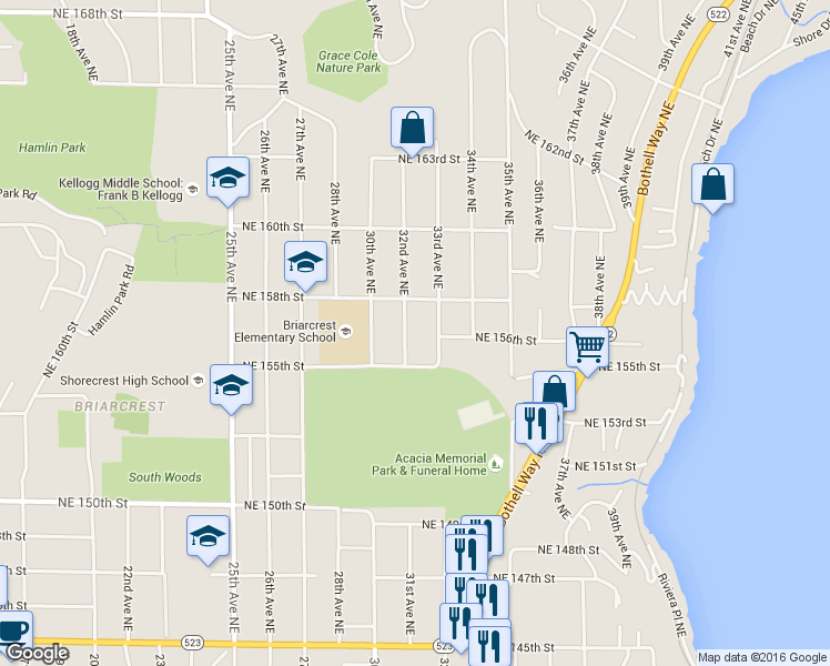 map of restaurants, bars, coffee shops, grocery stores, and more near 15528 32nd Avenue Northeast in Shoreline