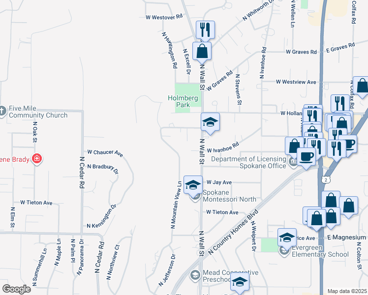 map of restaurants, bars, coffee shops, grocery stores, and more near 724 West Ivanhoe Road in Spokane