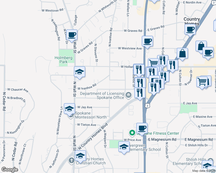 map of restaurants, bars, coffee shops, grocery stores, and more near 322 West Hoerner Avenue in Spokane