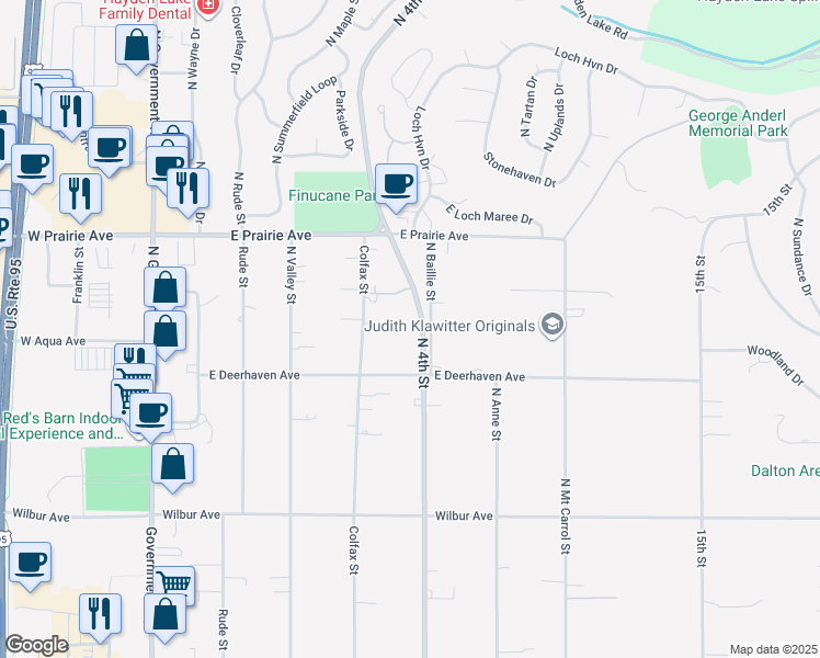 map of restaurants, bars, coffee shops, grocery stores, and more near 7727 North 4th Street in Dalton Gardens